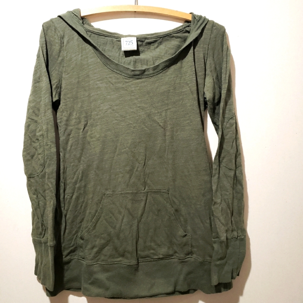 3/$20 Y2K khaki green hooded long sleeve tshirt front pocket, sz L 725 Originals